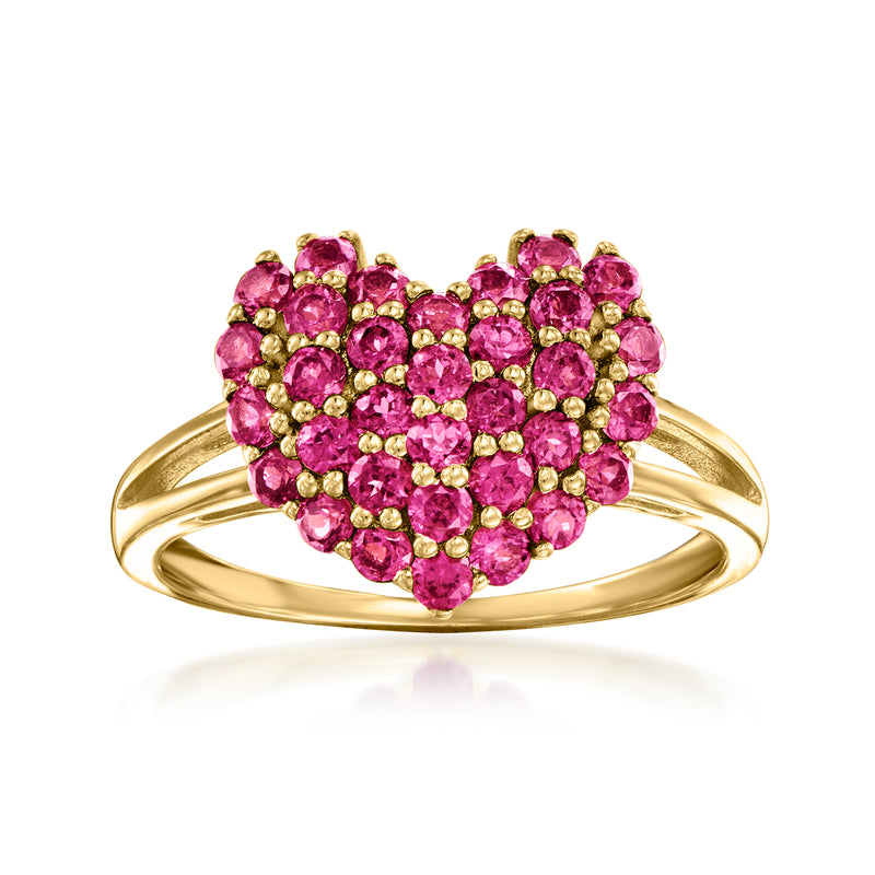 Gold ring with pink rhodolite heart-shaped cluster gemstones