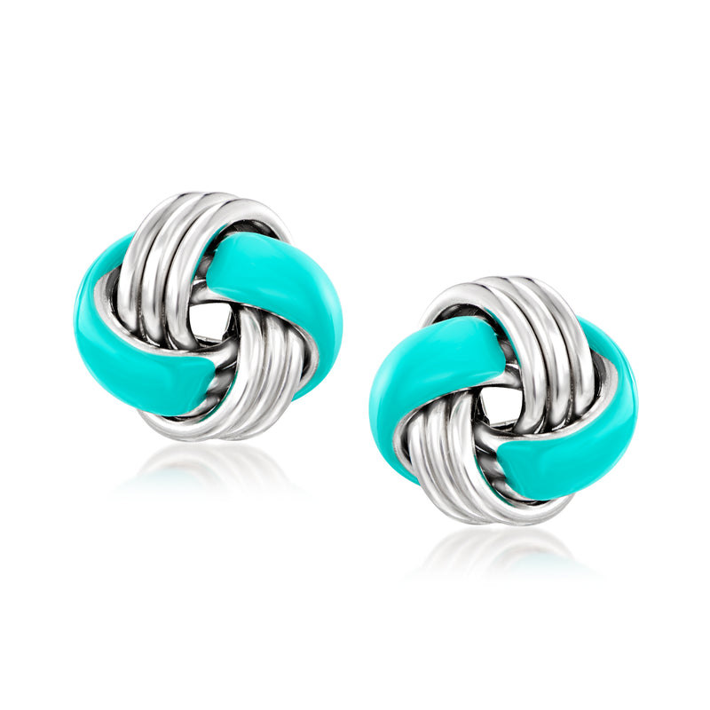 Sterling silver post earrings with turquoise enamel twisted love-knot design
