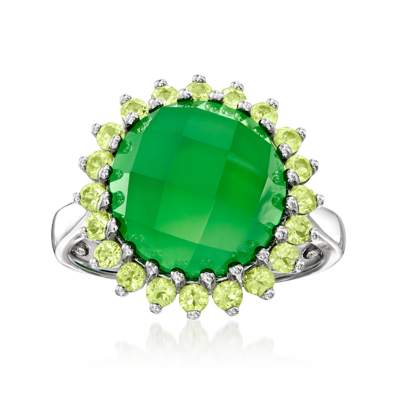 Sterling silver ring with large green chalcedony center and peridot gemstone halo