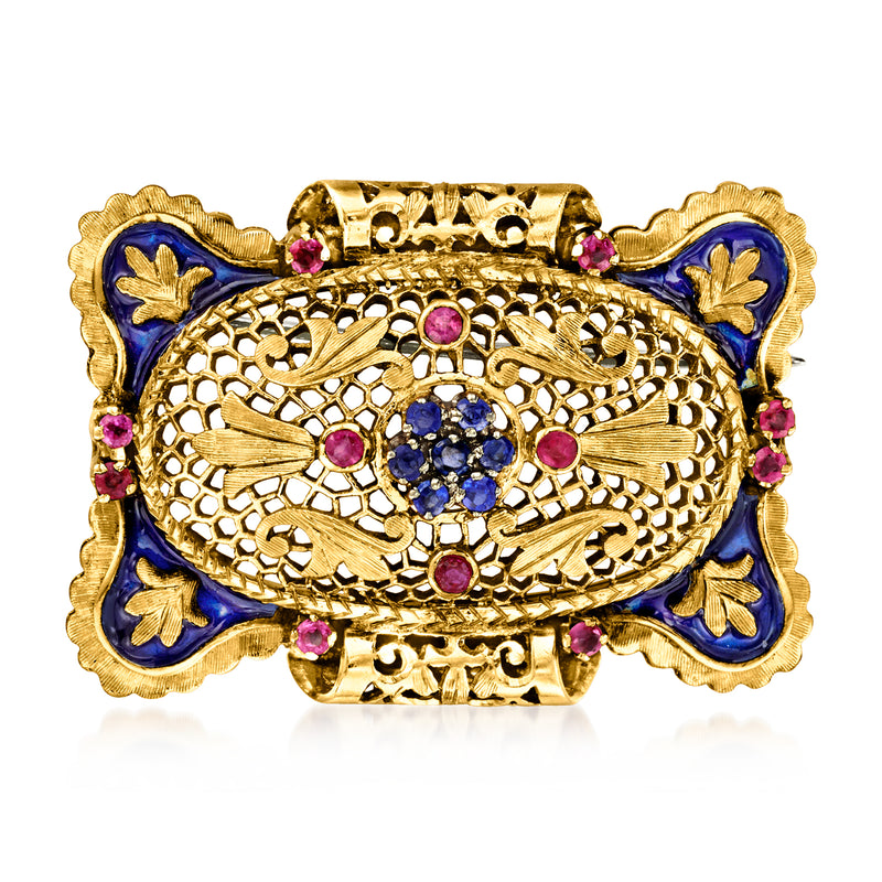 Vintage yellow gold filigree pin with blue enamel and ruby & sapphire stones