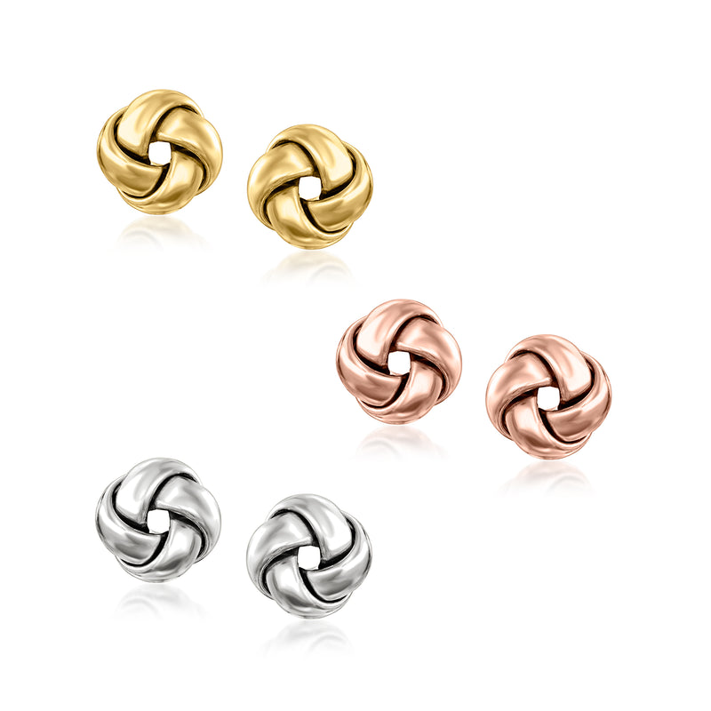 Tri-colored love knot stud earring set: yellow, rose, and silver twist knots