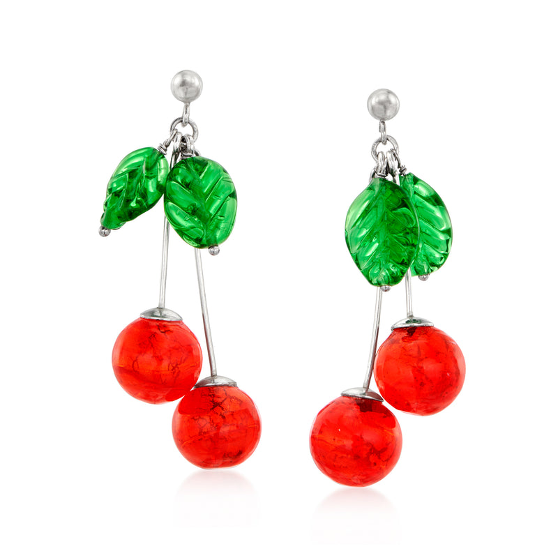 Sterling silver drop earrings with green glass charms and red cherry drops