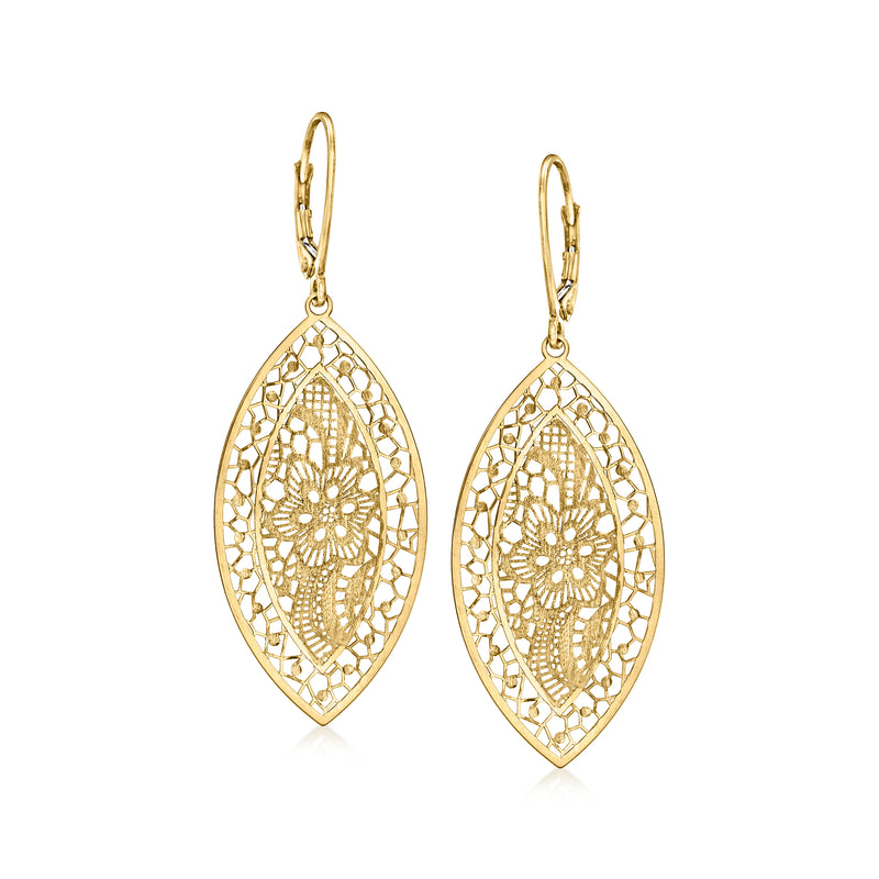 Yellow gold filigree oval drop earrings with leverback hooks