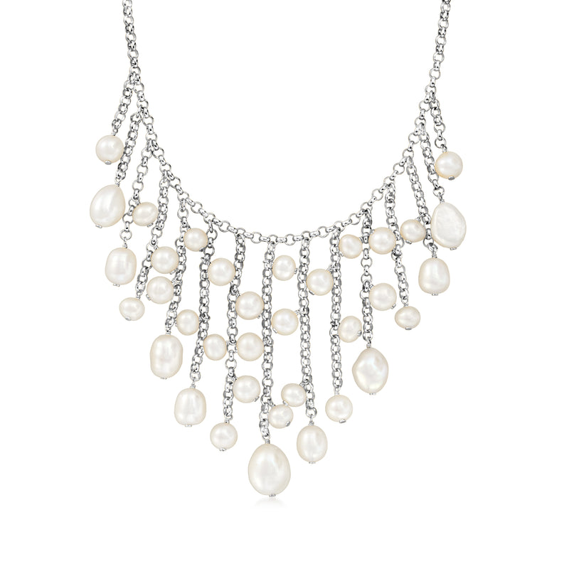 Sterling silver cultured pearl fringe necklace with dangling pearls