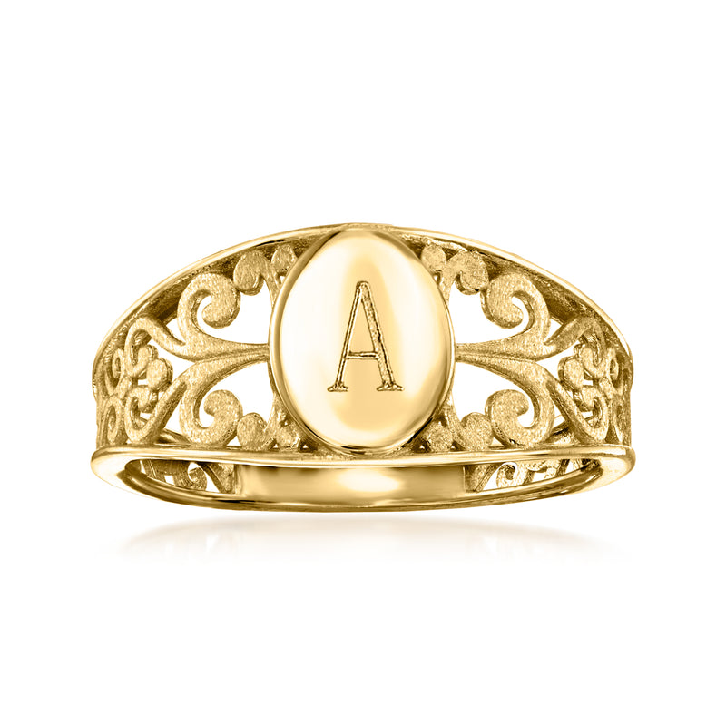14kt yellow gold personalized signet ring with oval A medallion