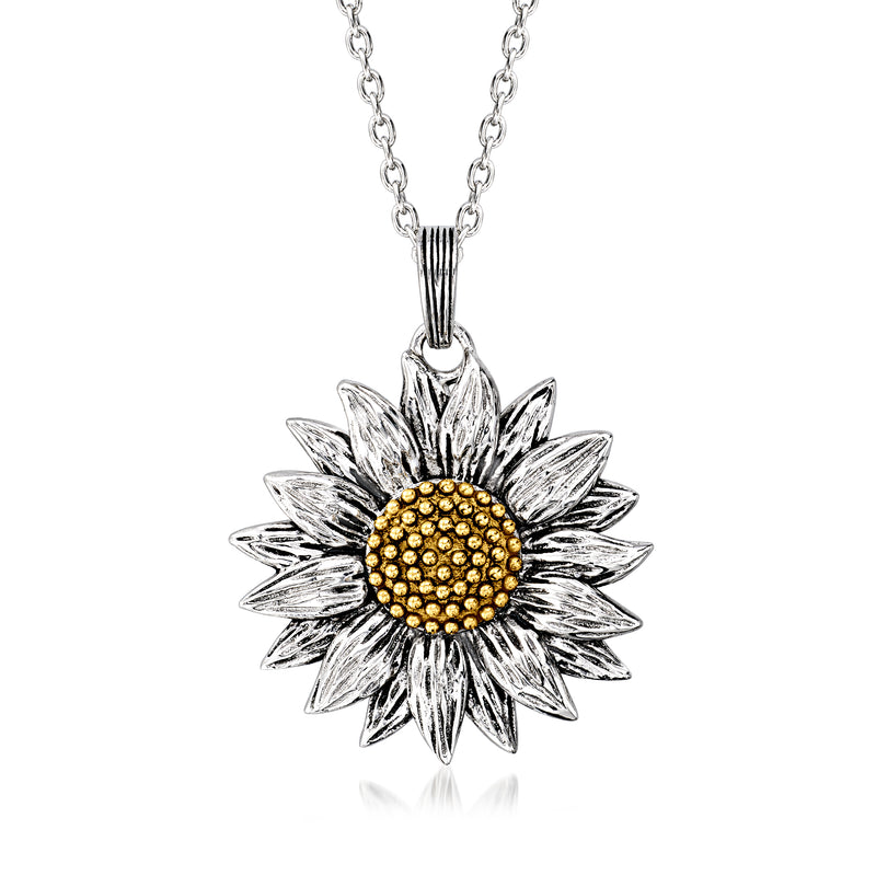Sunflower pendant necklace in silver with yellow gold center on a chain