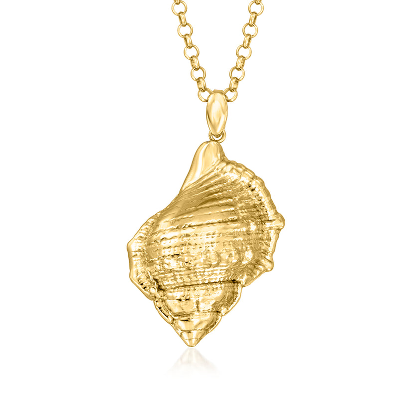 Gold conch shell pendant necklace with textured scalloped shell charm