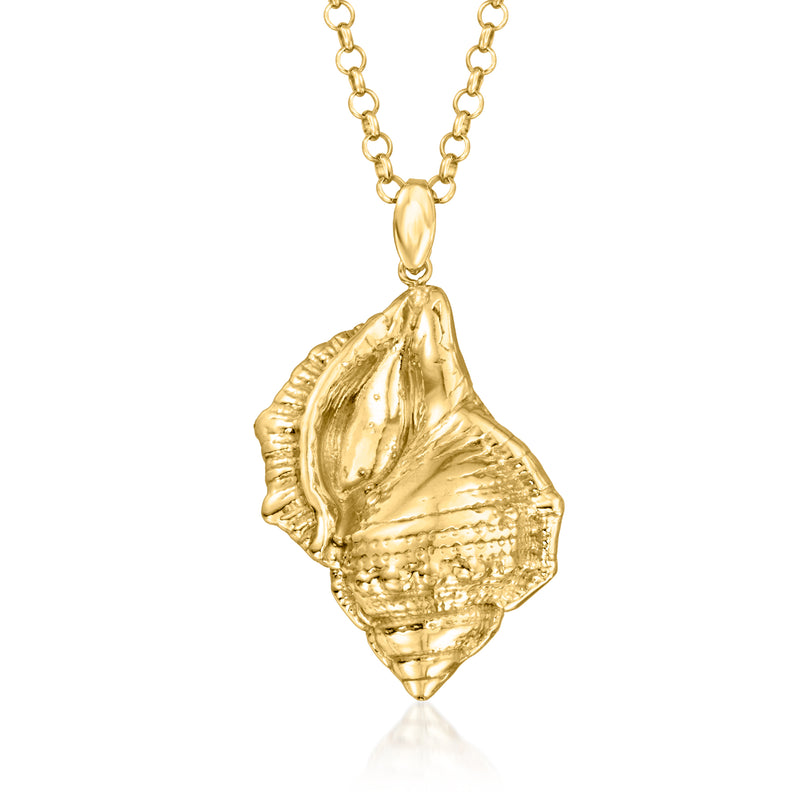 Gold conch shell pendant necklace with raised ridges on the shell charm