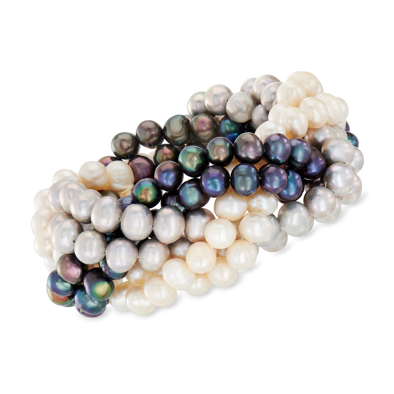 Multicolored cultured pearl braided stretch bracelet with round white and dark iridescent beads
