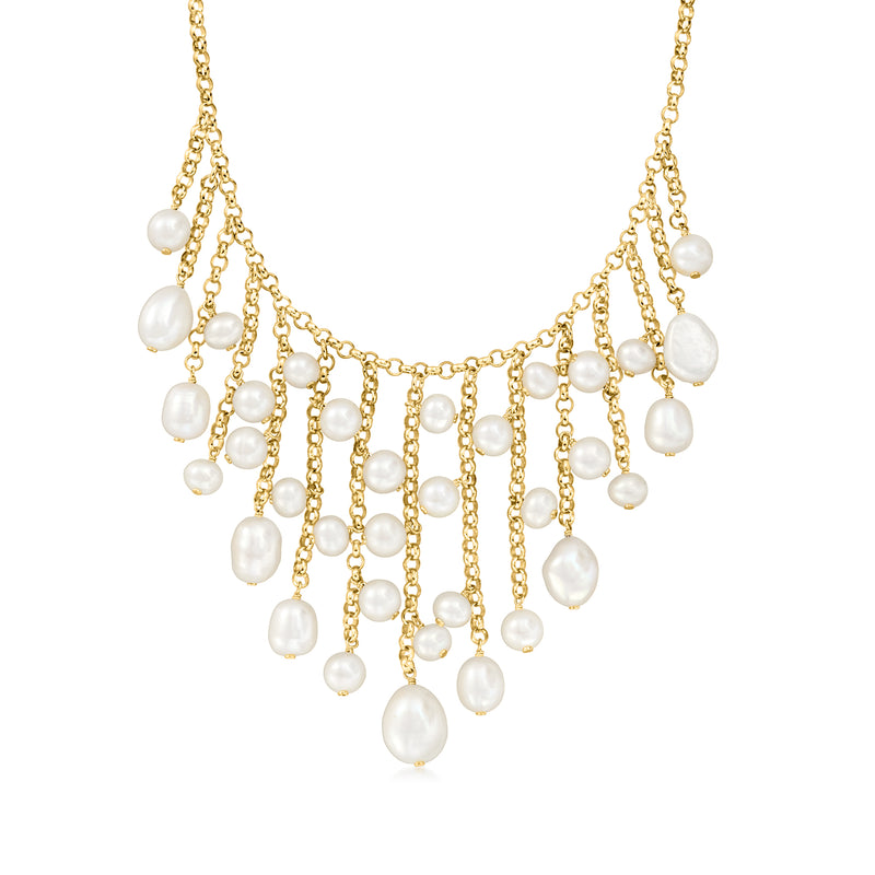 Cultured pearl fringe necklace in gold over sterling with dangling pearl drops