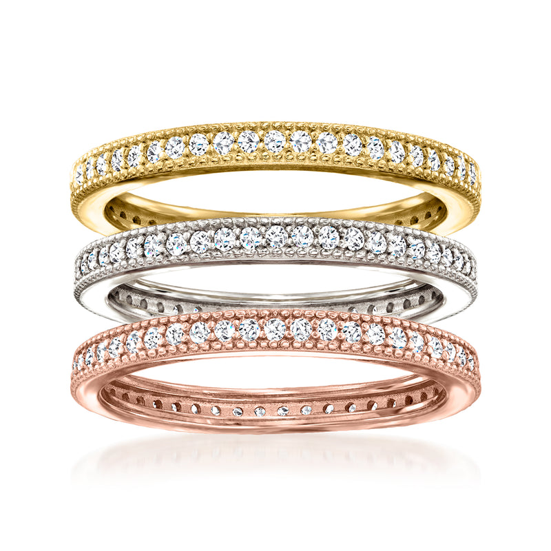Three stacked CZ rings in tri-tone sterling silver