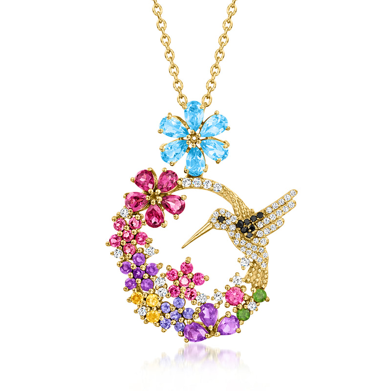Gold over sterling pendant necklace with hummingbird and flower wreath, blue/pink stones
