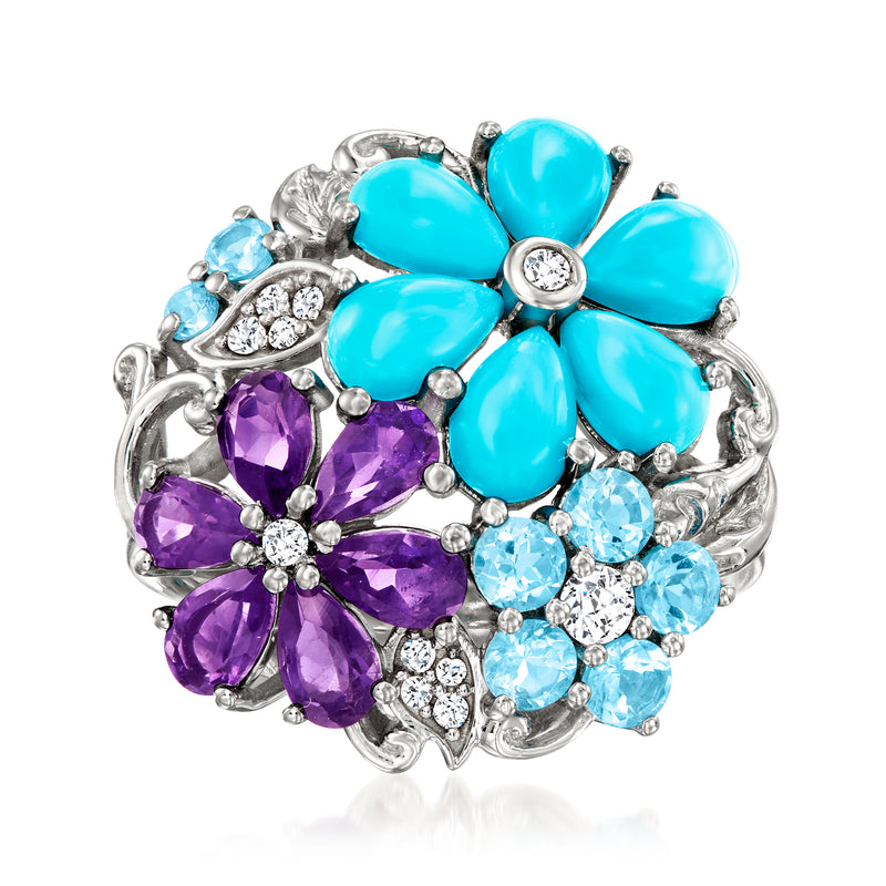 Sterling silver multi-stone flower ring with turquoise, amethyst purple, and light blue gems