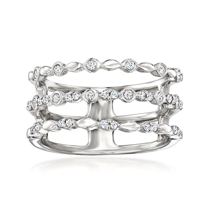 Sterling silver three-row diamond ring with round stones in wave setting