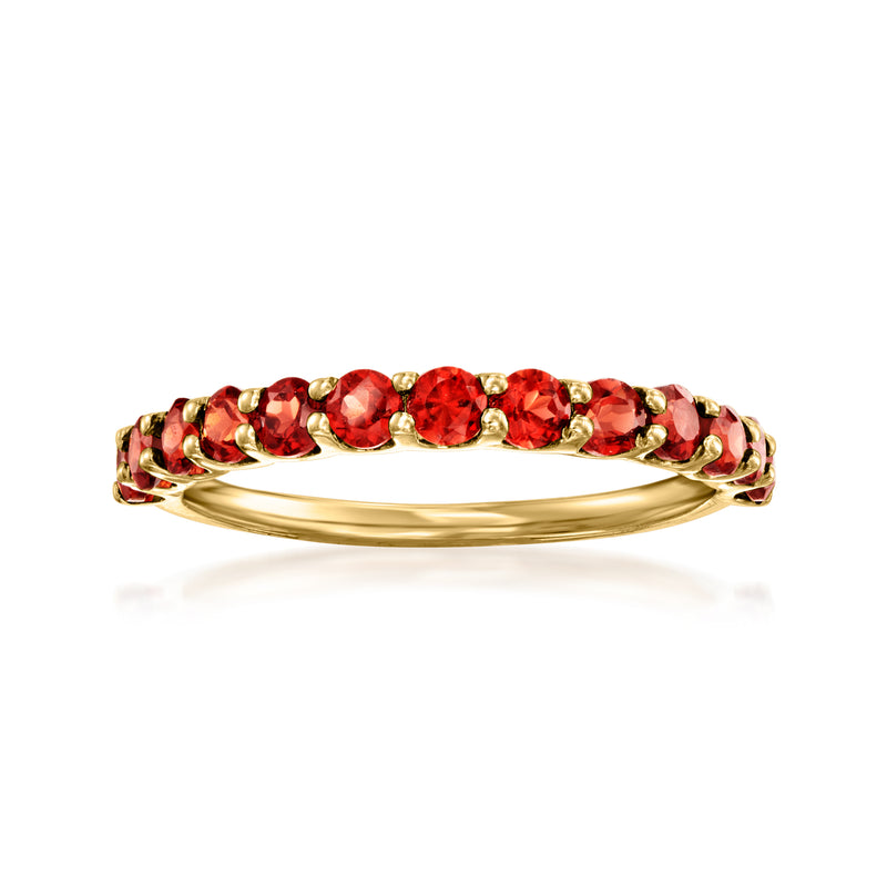 14kt yellow gold tennis ring with red garnet oval stones, polished band