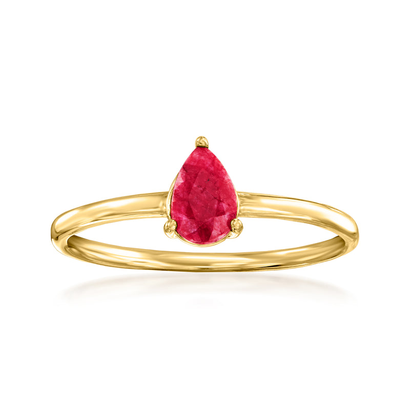 14kt yellow gold ring with pear-cut ruby gemstone, slim band