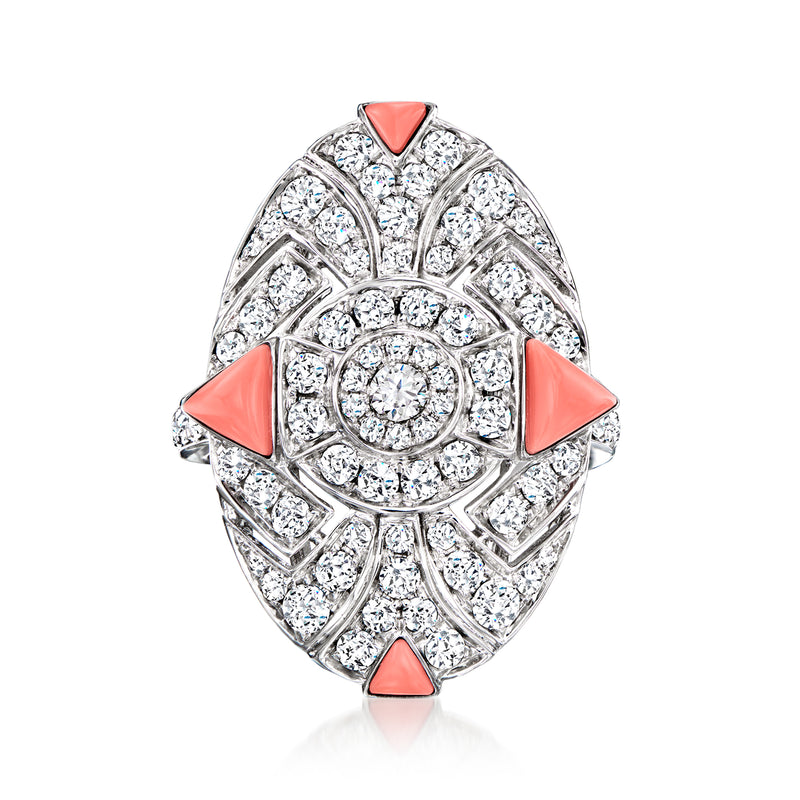 18kt white gold diamond ring with round center stone, coral in three shield accents