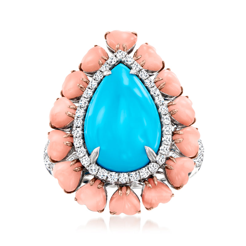 Two-tone gold ring with turquoise teardrop center, diamond halo, coral pink accents