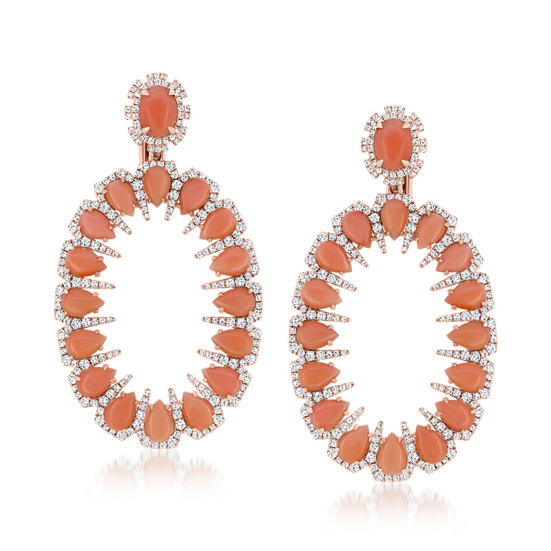 Pair of coral diamond oval drop earrings in 18kt rose gold
