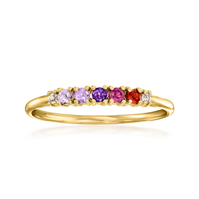14kt yellow gold multi-gemstone ring with purple, pink, and orange stones in a row