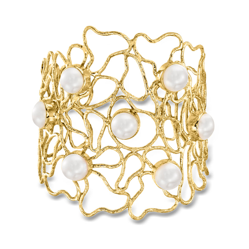 Gold openwork cuff bracelet with white cultured pearls and 18kt gold over sterling