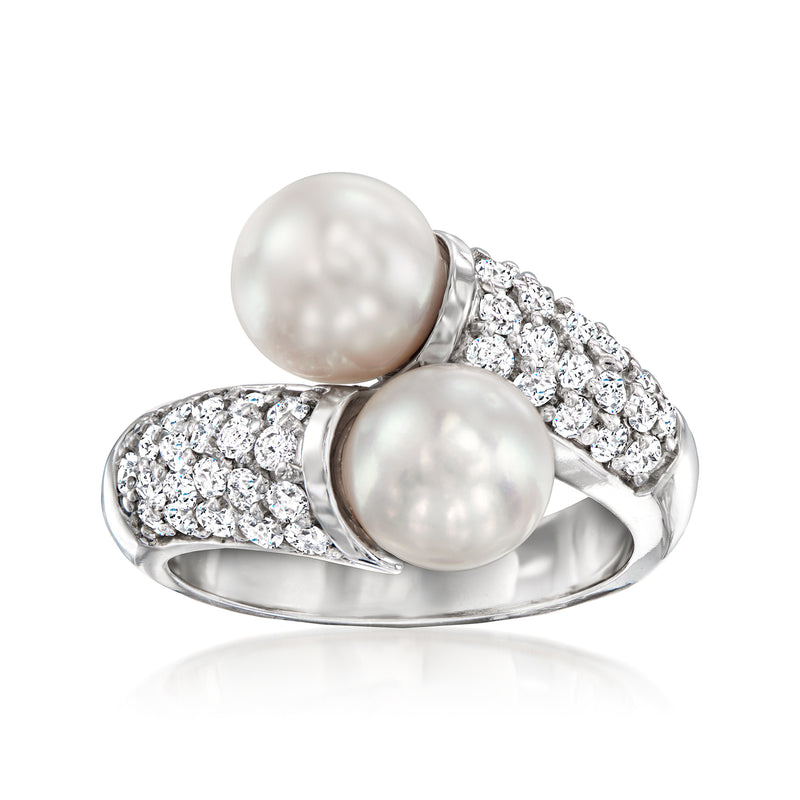 Cultured pearl and diamond bypass ring in white gold
