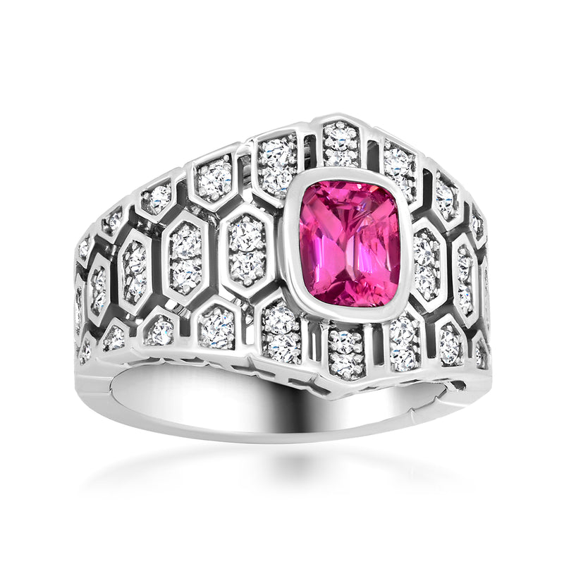 Pink sapphire ring in 18kt white gold with diamond honeycomb band