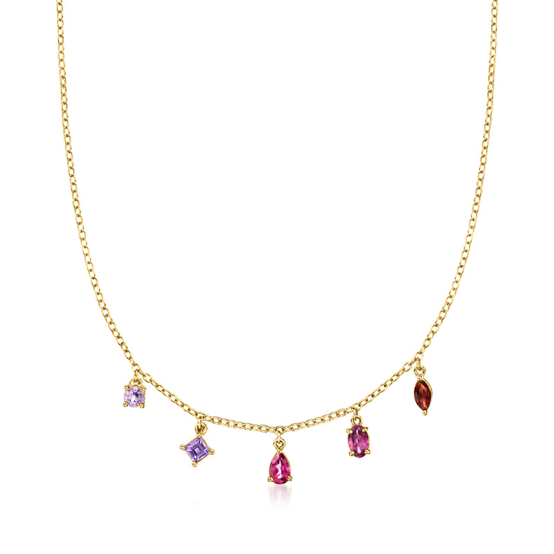 14kt yellow gold multi-gemstone drop necklace with purple and red dangling stones