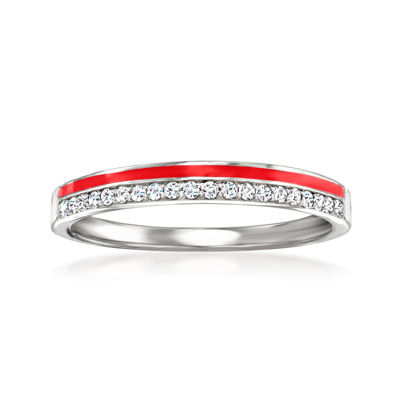 Sterling silver diamond ring with red enamel and pavé stones