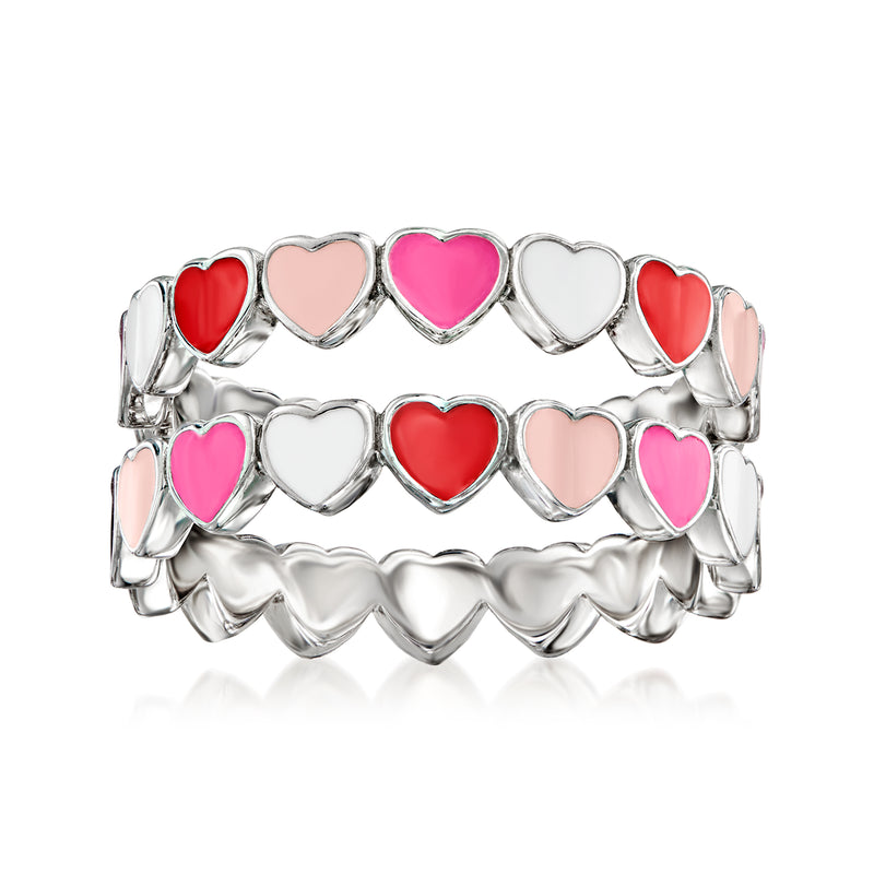Sterling silver heart ring set with red, pink, and white enamel hearts