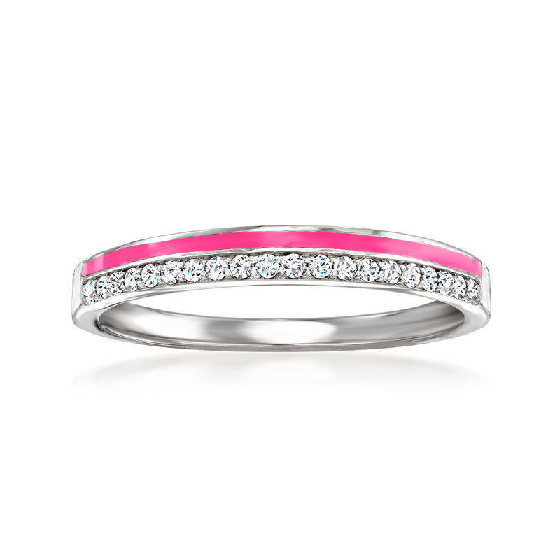 Sterling silver diamond ring with pink enamel and a row of round stones