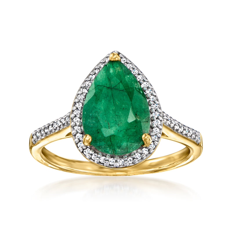 Emerald-cut green gemstone ring in gold-toned setting with white topaz halo and round accents