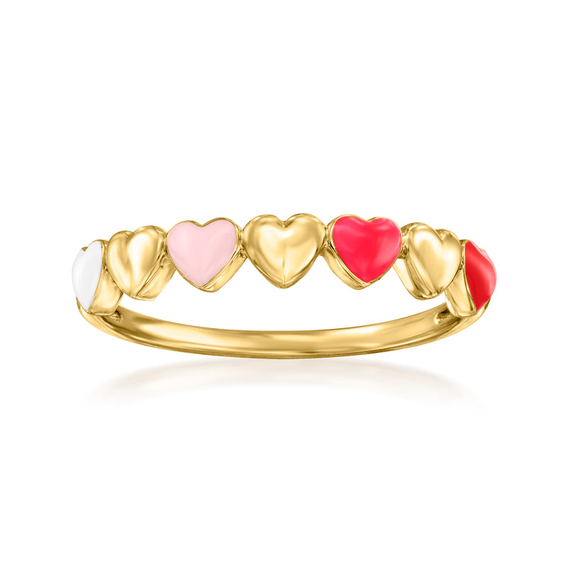 14kt yellow gold heart enamel ring with pink, red, and white hearts