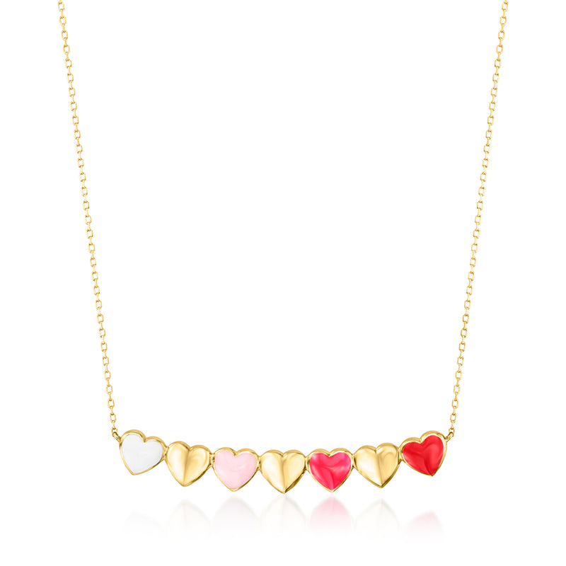 14kt yellow gold heart charm bar necklace with multicolored enamel hearts