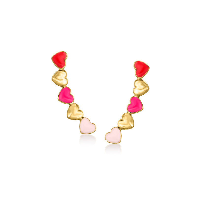 14kt yellow gold enamel heart climber post earrings, red, pink, and white hearts