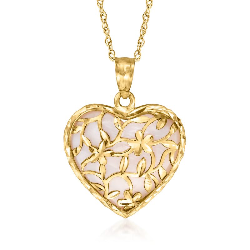 14kt yellow gold heart pendant necklace with pink mother-of-pearl floral cutout