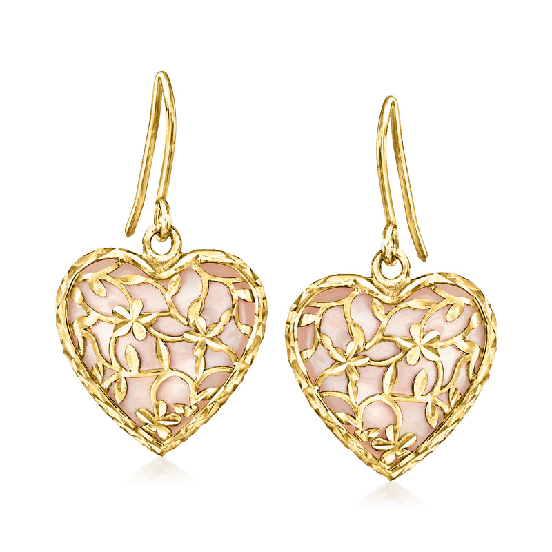 14kt yellow gold heart drop earrings with pink mother-of-pearl floral design