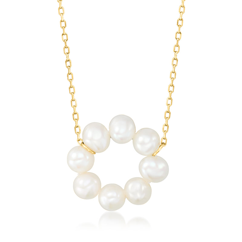 14kt yellow gold chain necklace with white cultured pearl circle drop pendant