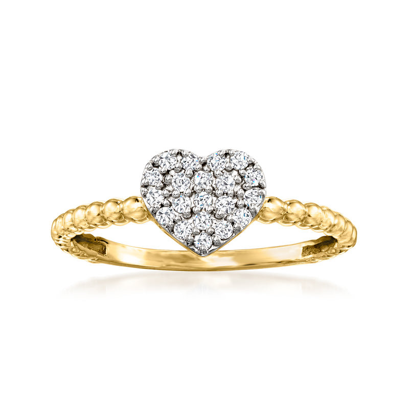 14kt yellow gold heart pave diamond bead ring, textured sparkle face