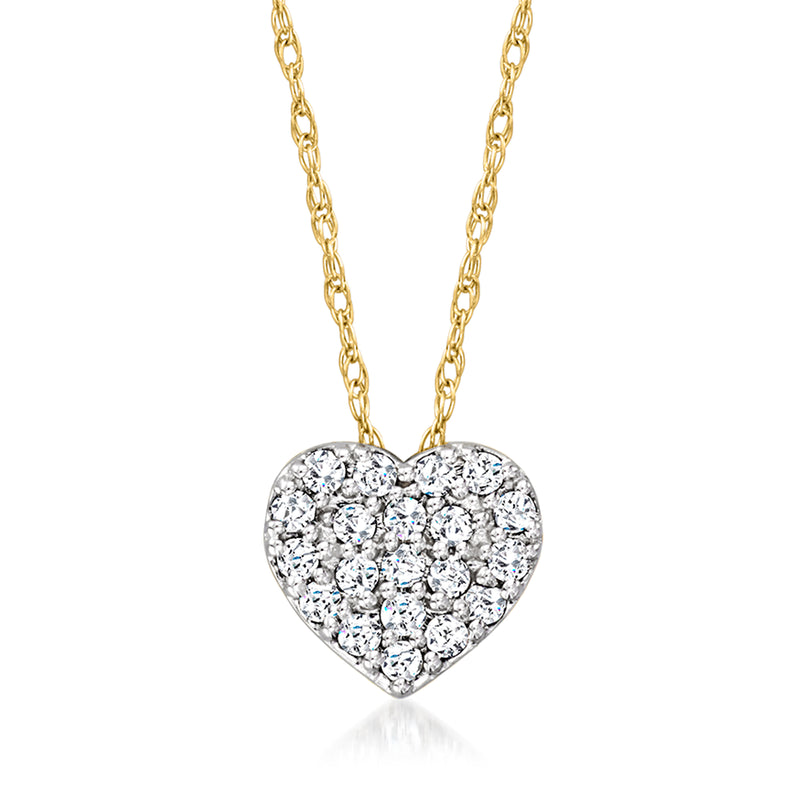 14kt yellow gold diamond heart necklace with pave-set stones, cable chain