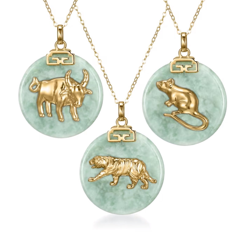 Jade zodiac pendant necklace with three round charms and gold animal figures