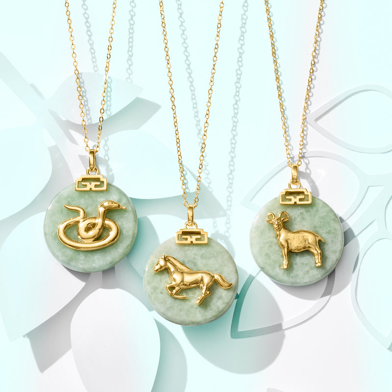 Assorted jade-green round zodiac pendant necklaces with gold-tone animal charms