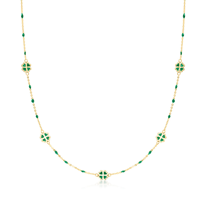 14kt yellow gold clover station necklace with green enamel beads