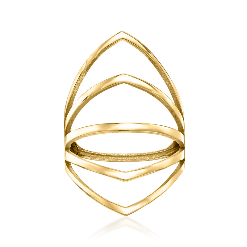 Yellow gold open multi-row geometric ring with layered diamond shape