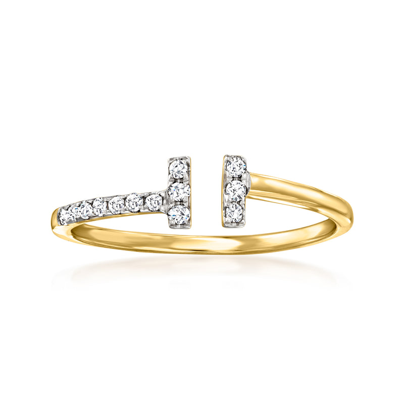 14k yellow gold open-space diamond ring with three round-cut stones, prong-set