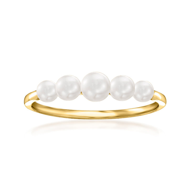 14kt yellow gold ring with five round cultured pearls, slim open band