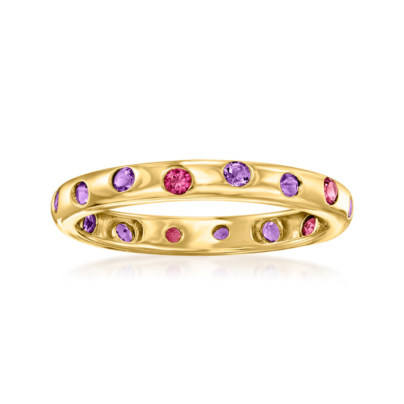 14kt yellow gold gemstone band ring with oval purple and pink stones