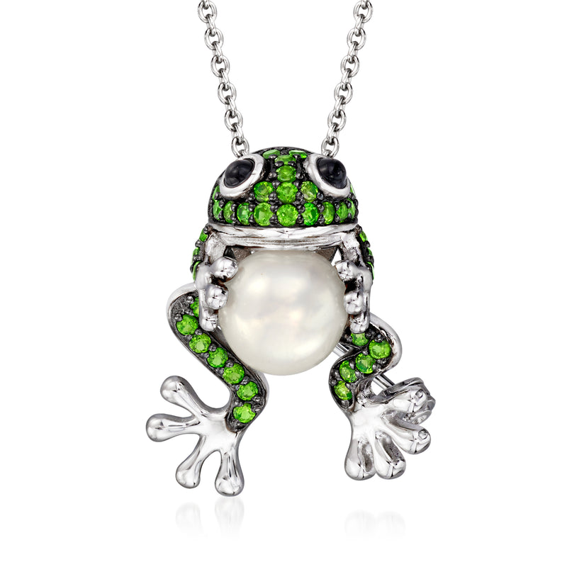 Sterling silver frog pendant necklace with green gemstone body, round white pearl, chain
