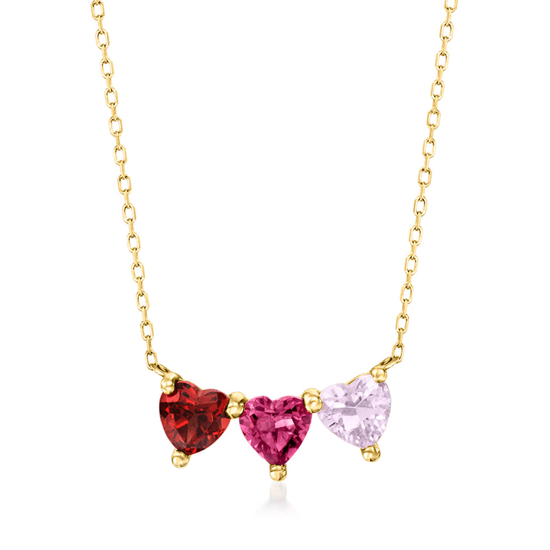 14kt yellow gold multi-gemstone heart necklace with three heart-shaped stones