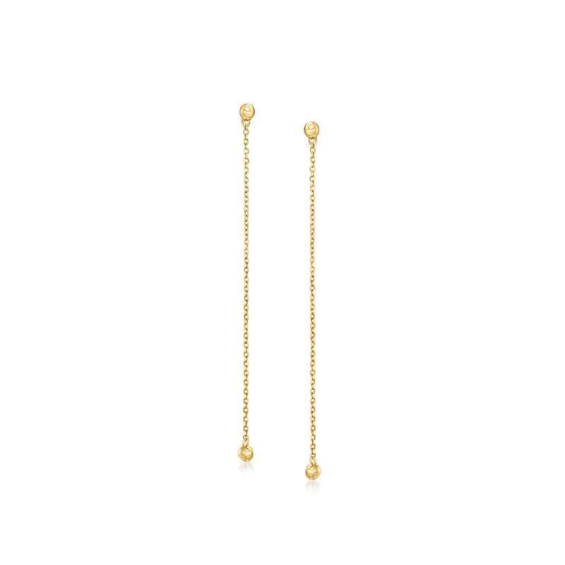 14kt yellow gold cable-chain bead drop earrings with long dangling chain and bead ends